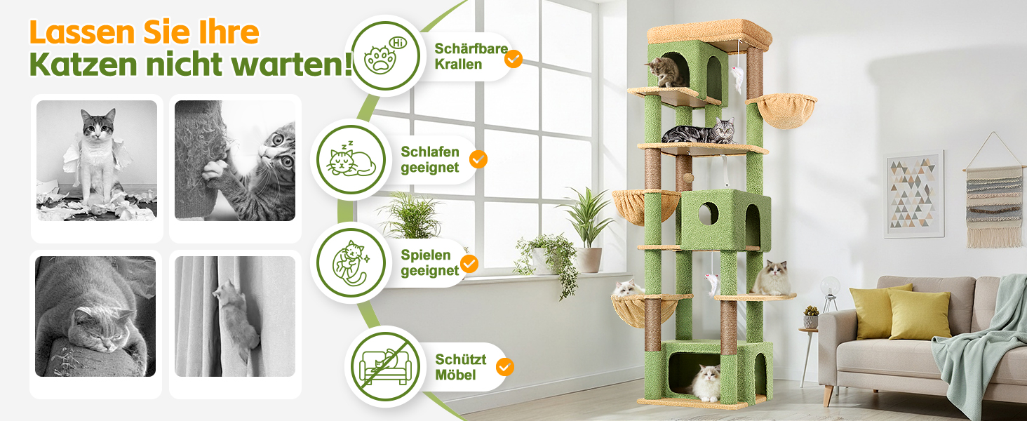 Драбина для котів Globlazer 204 см з 3 будиночками, 2 великими платформами, 3 м'якими кошиками, стабільна, для 3-5 котів, відпочинок, ігри, дряпання, зелений (XXL)