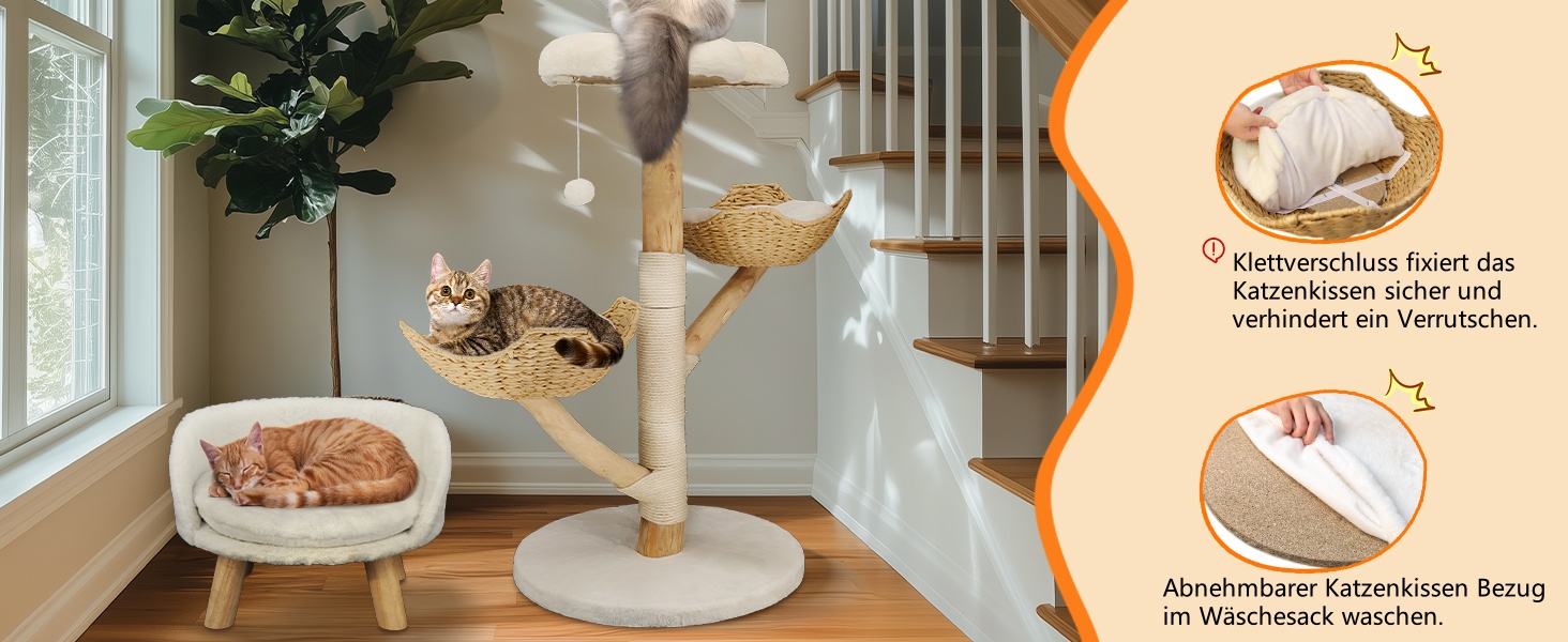 Кігтеточка BingoPaw Modern для котів: дерев'яна кігтеточка 111 см з 2 кошиками з лози, сизалевим стовпом, платформою та плюшевим м'ячиком. Велика кігтеточка-вежа для кількох котів.