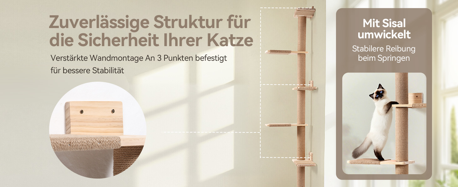 Кігтеточка PawGiant з 5 ярусів, кріпиться до стіни, 213 см, з сизалю, платформами, для котів середніх розмірів