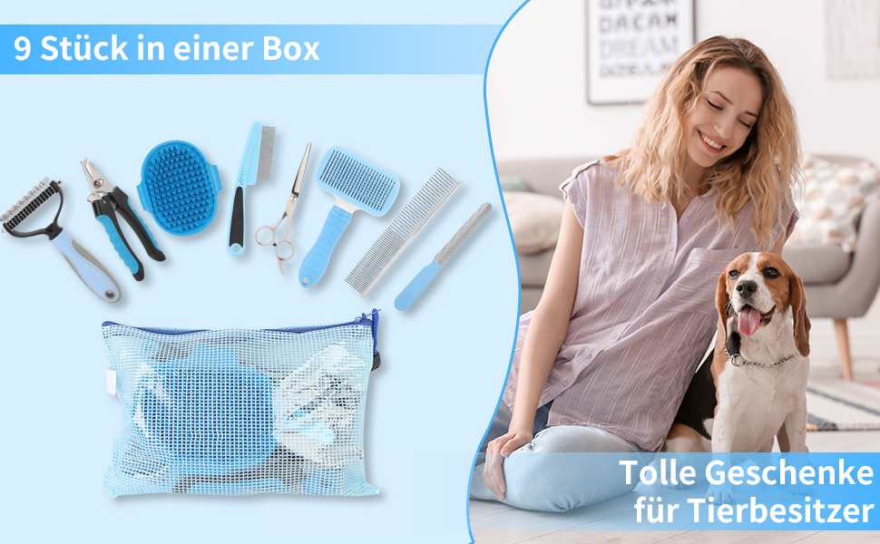 Набір для грумінгу собак та котів (9 предметів) - щітка для самостійного очищення, гребінець для видалення ковтунів, триммер для нігтів з напилком, гребінець від бліх, рукавичка для миття - професійний набір для догляду за шерстю (синій)