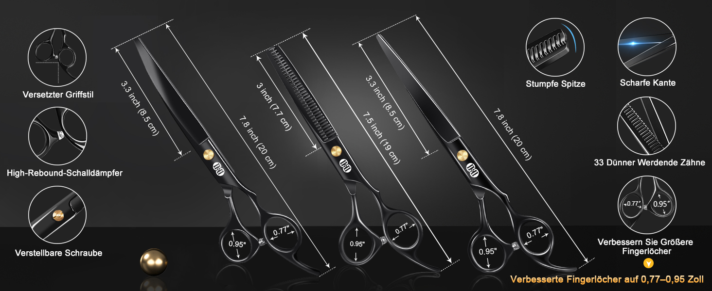 Набір професійних ножиць для грумінгу собак CIICII 10-в-1 з безпечними закругленими кінцями (для собак, котів, тварин). Підходить для стрижки, прорізування та формування шерсті. Срібно-чорний колір.