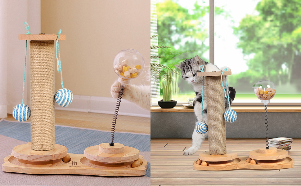Інтерактивна іграшка для котів Marchul 4-в-1: когтеточка з сизалю, іграшкові м'ячики, куля-дозатор для ласощів. Підходить для кошенят та дорослих котів.
