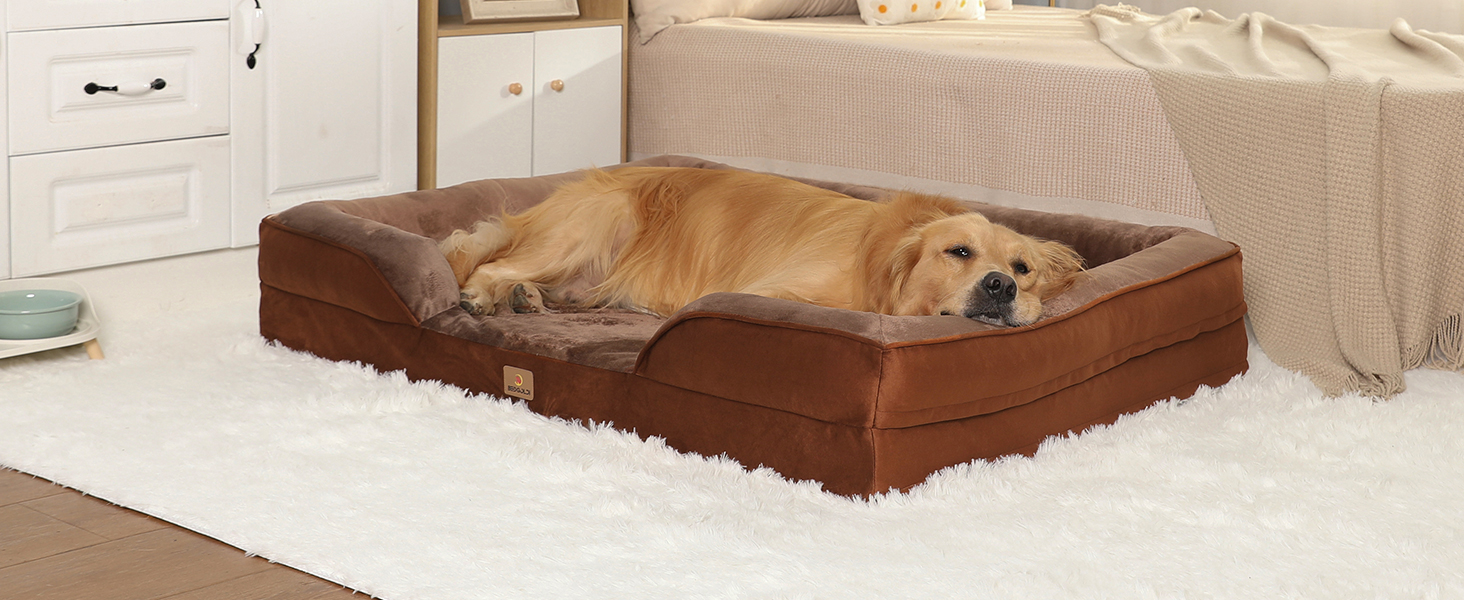 Ортопедичне ліжко для собак великих порід, ергономічне софа з піною у формі яйця, вологостійке неслизьке ліжко для собак 122x89 см, світло-сірий/коричневий L 122 x W 89 x H 17 см