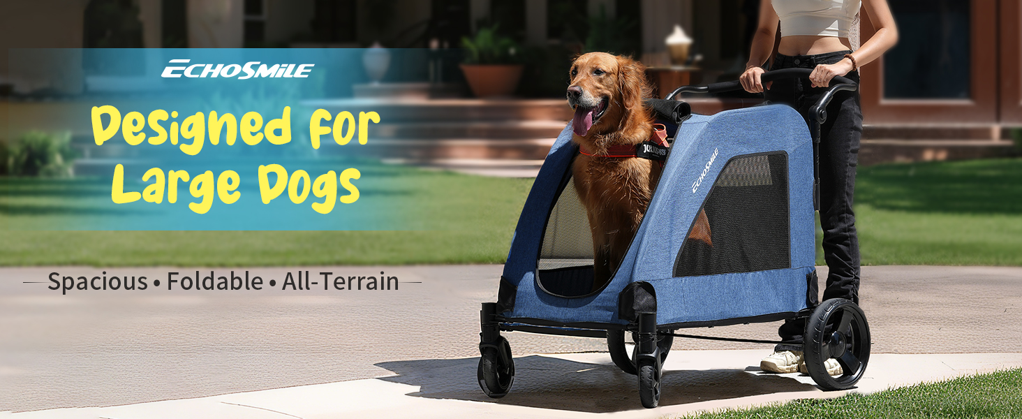 Візок для собак EchoSmile, середній та великий розмір, до 70 кг, складаний, з сітковими вікнами, регульована ручка, 4 проходимі колеса (блакитний)