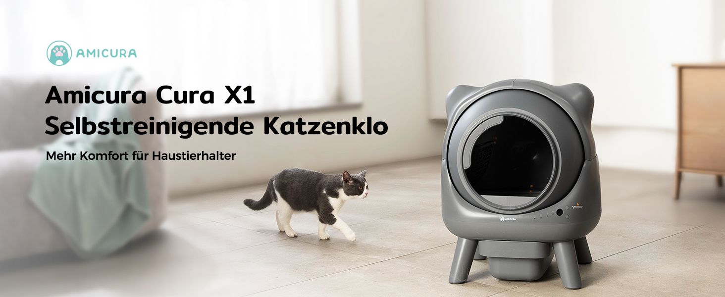 Автоматичний лоток для котів Amicura Cura X1 з самоочищенням, сенсором безпеки, контролем через додаток та герметичним відсіком для відходів, сірий