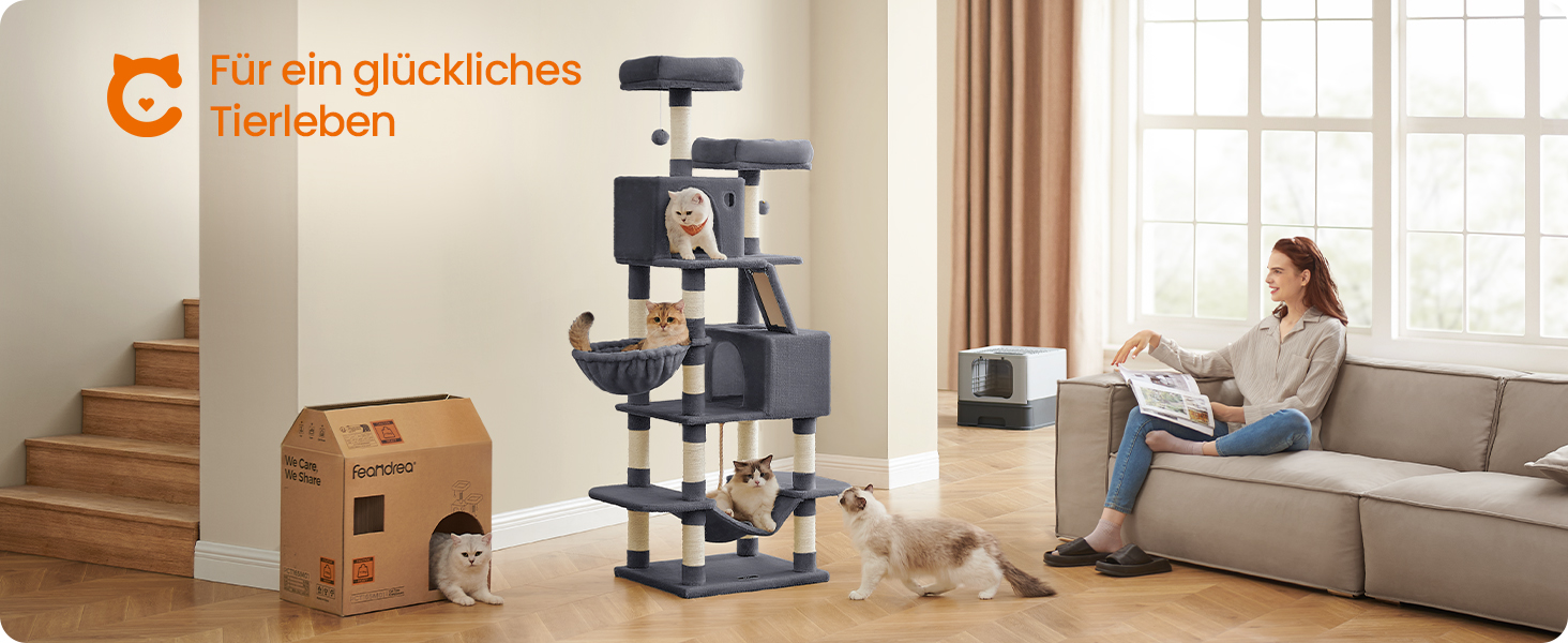 Комплекс для котів Feandrea PCT165G01, 168 см, сірий, з 13 стовпчиками, 2 платформами, 2 будиночками, гамаком та іграшками