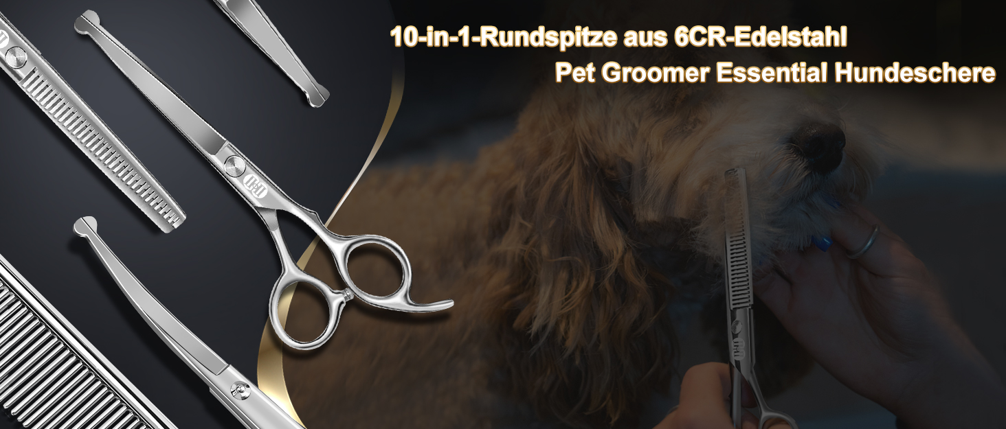 Професійний набір ножиць для грумінгу собак CIICII 10-в-1 з безпечними закругленими кінцями. Ідеально підходить для собак, котів та інших домашніх тварин. Срібний колір.