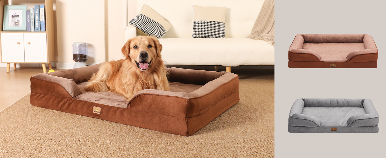 Ортопедичне ліжко для собак великих порід, ергономічне софа з піною у формі яйця, вологостійке неслизьке ліжко для собак 122x89 см, світло-сірий/коричневий L 122 x W 89 x H 17 см