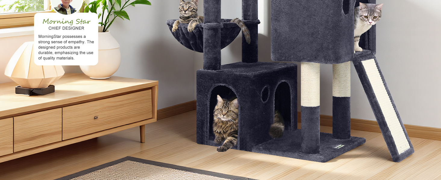 Дерево-кіготь Globlazer для котів на 2-4 котів з великою печерею, м'яким гніздечком, сходами з сизалю, іграшками, стабільним дизайном, висотою 133 см (XL, темно-сірий)