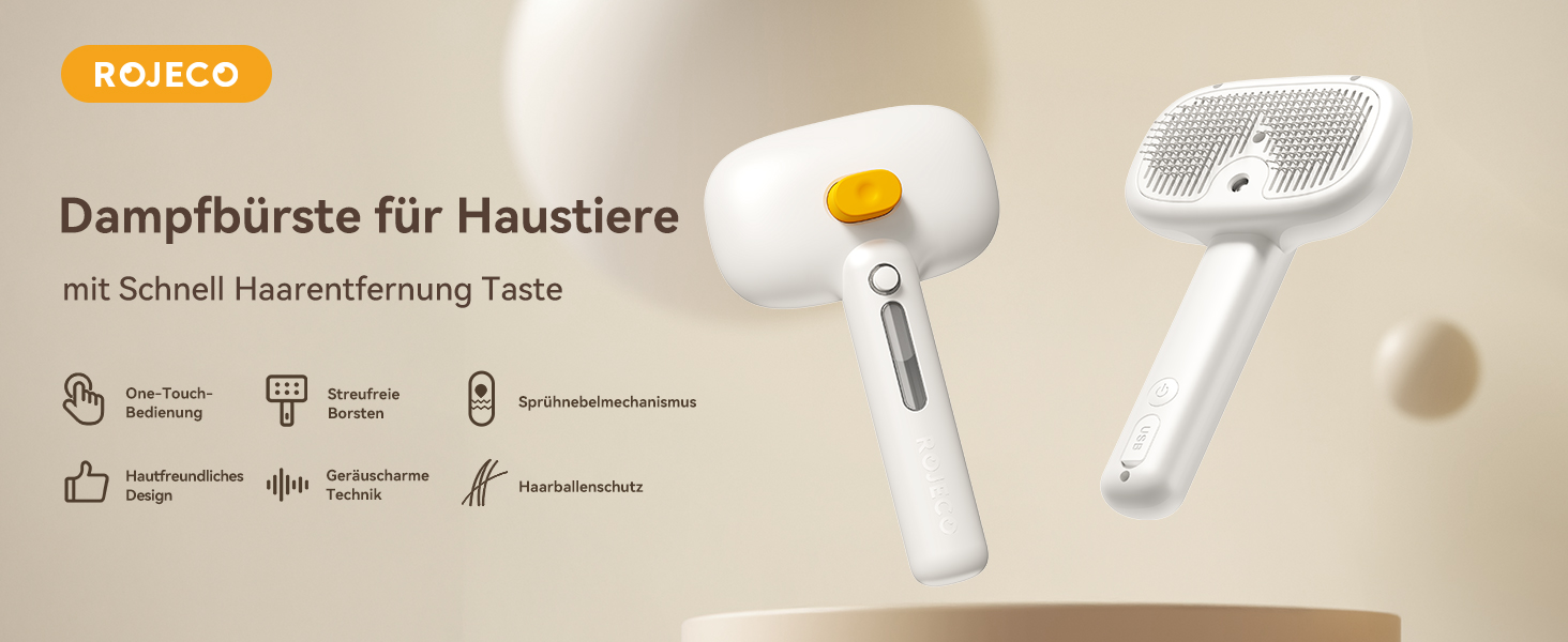 Щітка для котів ROJECO з парою, багатофункціональна, 3-в-1 проти підшерстка та ковтунів, 3 режими розпилення, самоочищення, для довгошерстих та короткошерстих котів та собак, білий колір
