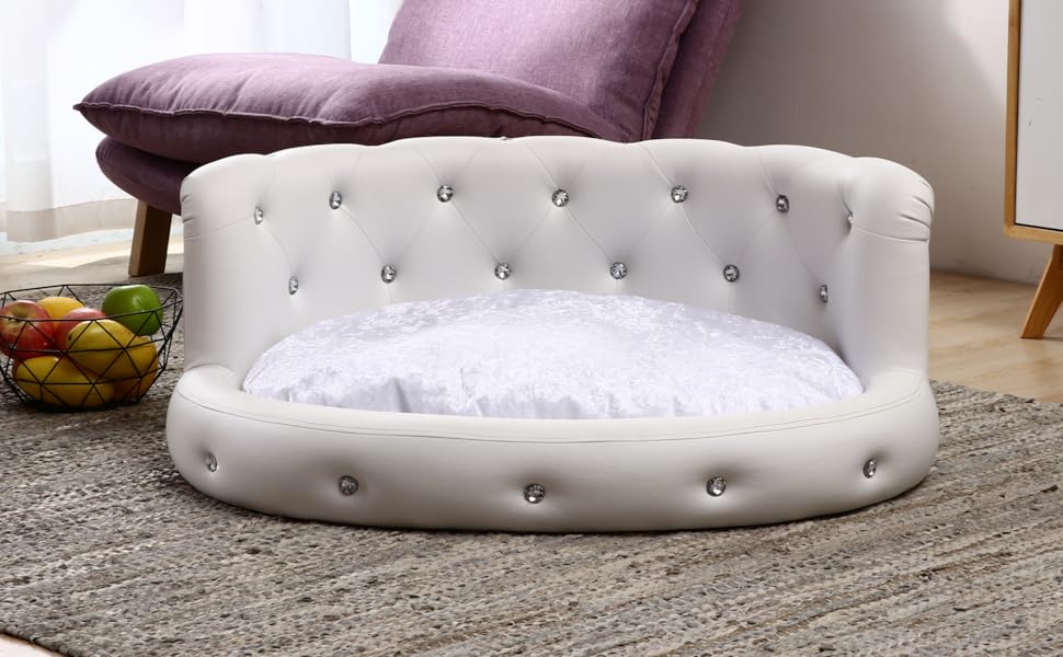 Ліжко для собак DaMi Luxus з великими стразами, овальне, біле, 35x73x63 см. Зручне, м'яке, для комфортного сну вашого улюбленця.