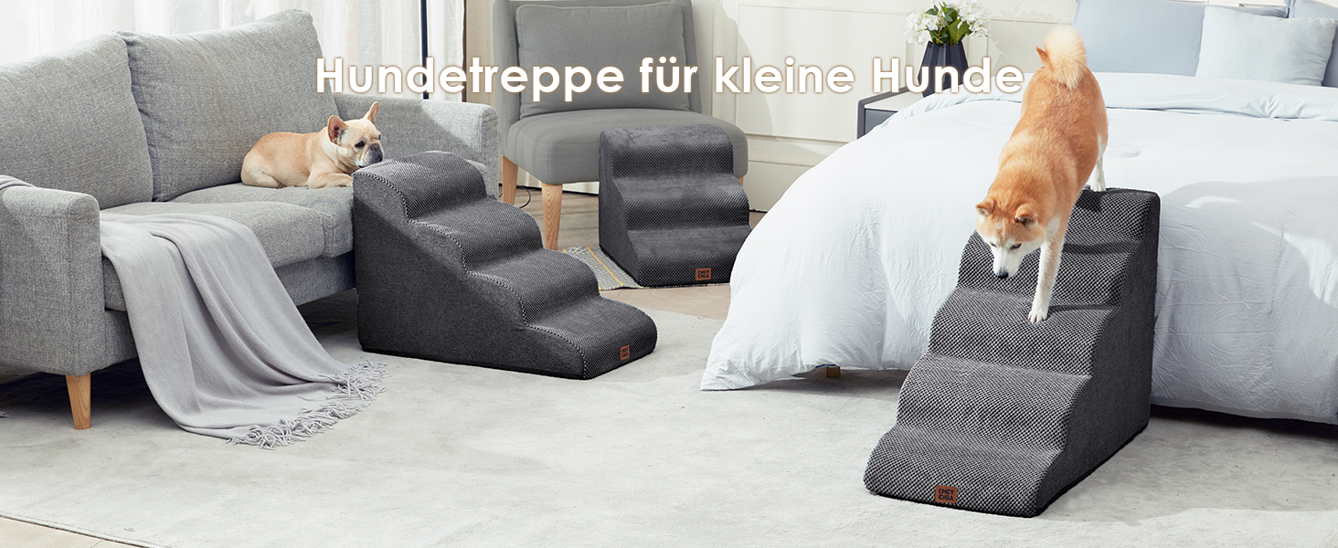 Сходинки для собак EHEYCIGA - 50 см, сірі. Зручні сходи для маленьких собак до дивану/ліжка. 4 сходи, матеріал - високощільний губчастий, з антиковзким покриттям та знімним чохлом. Розміри: 72 x 40 x 50 см.