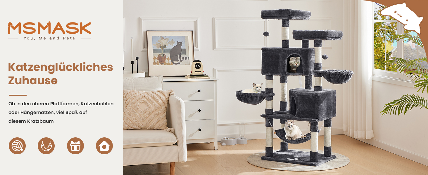 Котячий будиночок MSmask з великою печерою та стовпцями з сизалю, когтеточка для великих котів, сірий