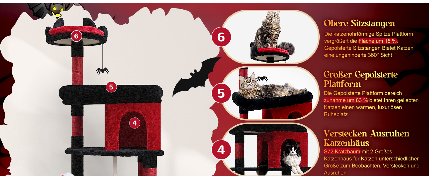 Дім-дерево для котів Globlazer Gotisch XXL: міцний, чорно-червоний, 183 см, з гамаком, будиночком, платформами, корзиною. Підходить для великих порід (Maine Coon, BKH)