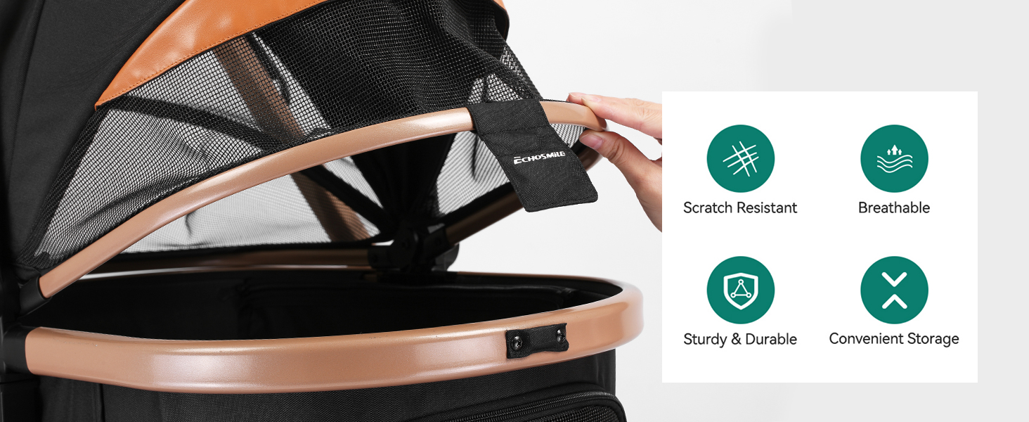 Візок для собак та котів EchoSmile 20 кг, 4-в-1, чорний: складаний, з колесами 360°, сітчастими вікнами