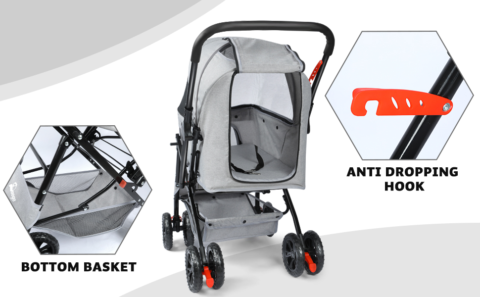 Візок для собак Wedyvko до 20 кг, 4 колеса, складний, для маленьких/середніх собак та котів, з кошиком та тримачем для напоїв, зелений (сірий)