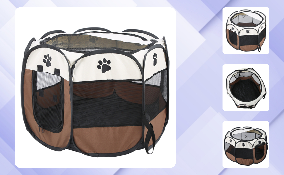 Складане зоо-намет для тварин 8-секційний з бічною сіткою – вольєр для домашніх тварин з блискавками для використання в приміщенні та на вулиці, для подорожей, кемпінгу 68 x 45 см (колір кава)