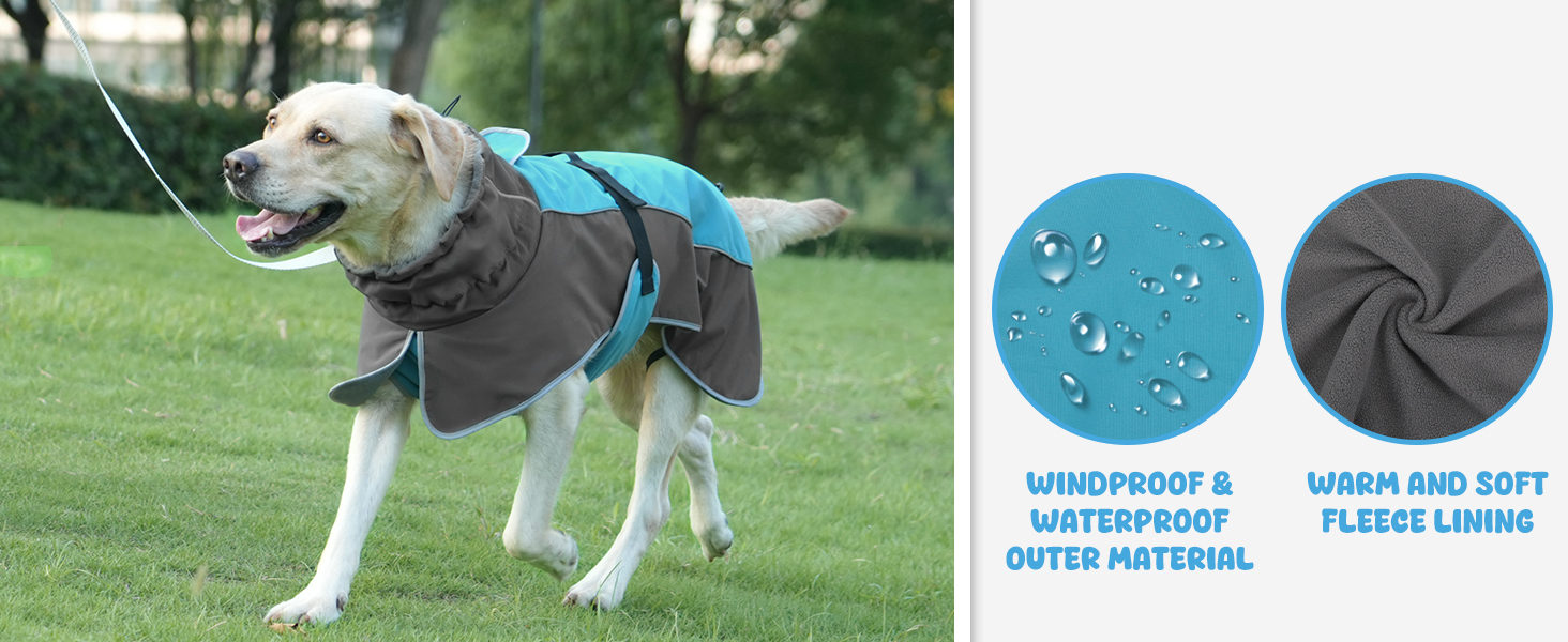Водонепроникна куртка для собак, світловідбиваюча, вітронепроникна, тепла зимова куртка з м'яким флісовим підкладкою для маленьких та великих собак, для активного відпочинку на природі, кемпінгу та походів у холодну погоду, блакитна, XL (довжина спини: 60 см)