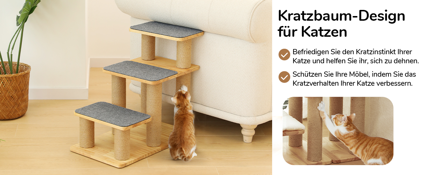 Сходинка для собак FUKUMARU, 3 сходинки, дерев'яна (сосна) з джутової тканини, регульована висота 18-51 см, вантажопідйомність до 90 кг, 6 варіантів підйому на ліжко/диван, сірий колір