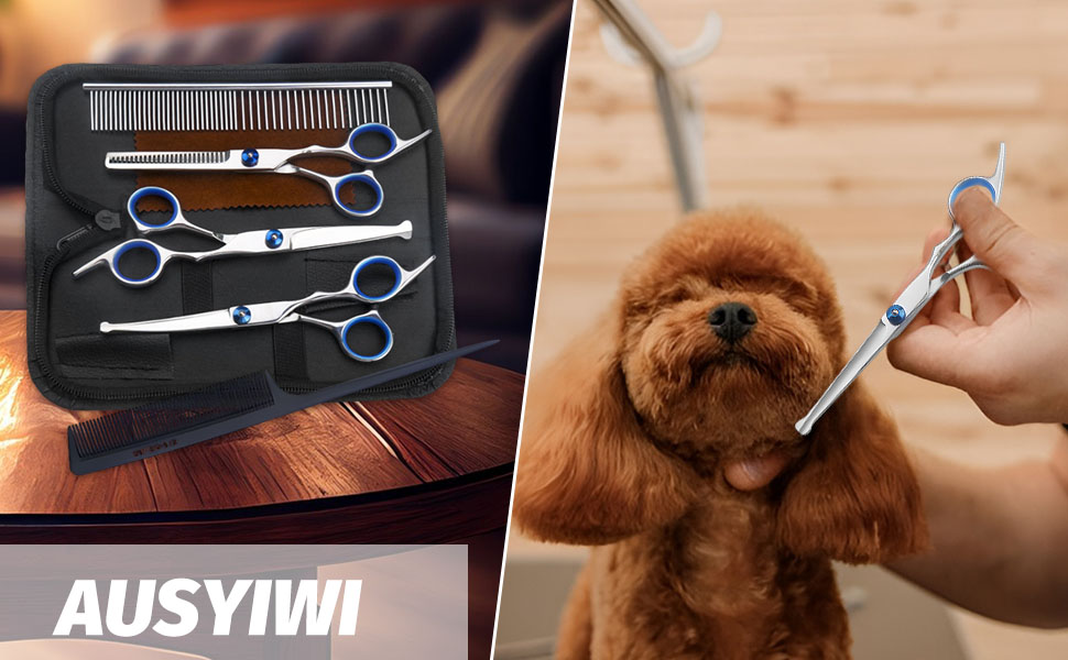 Набір професійних ножиць для собак 7 в 1 з нержавіючої сталі, з безпечними закругленими кінчиками. Включає ножиці для вирівнювання, вигнуті та прямі ножиці, гребінець для грумінгу. Підходить для собак, котів та інших тварин