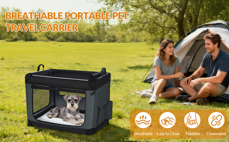 Транспортна переноска для собак Fobyfurny, сіра, 60 x 42 x 42 см, 60 л, з відбиваючими смугами та кишенями, знімний мат, Oxford-тканина, FPDT005OG1