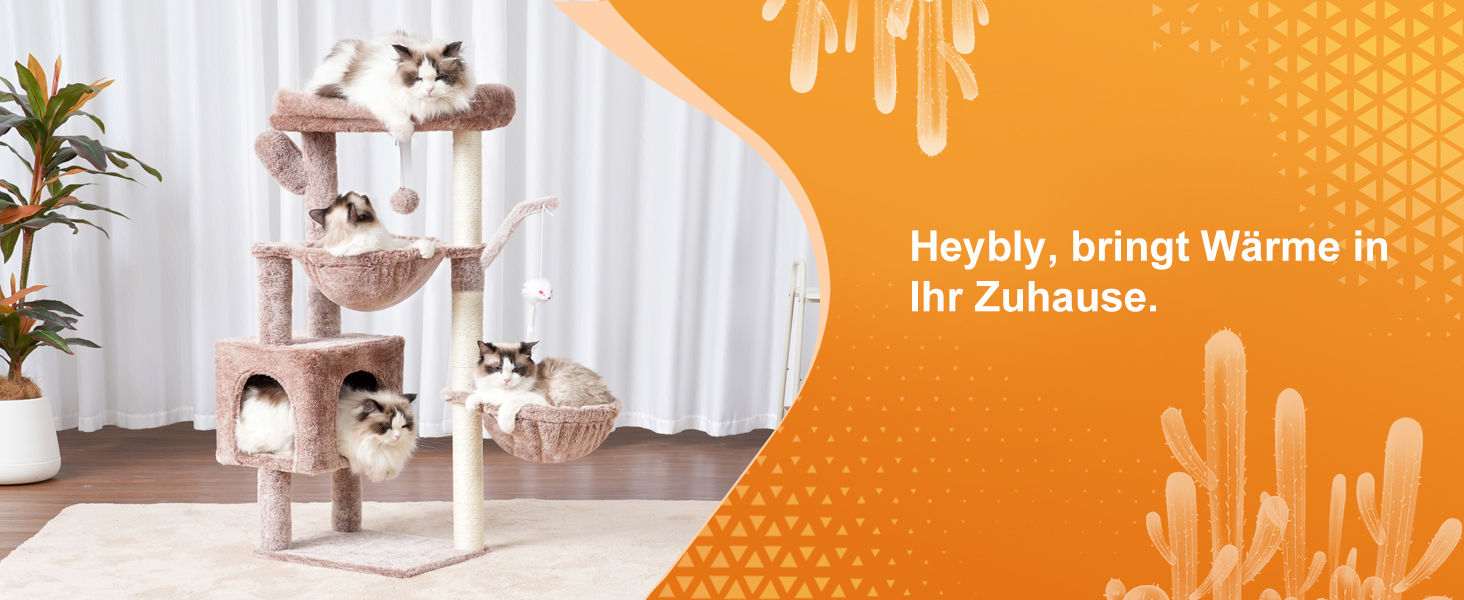 Кігтеточка-комплекс для котів Heybly HCT006SW, 100 см, з платформою, гротоподібною печерою та гамаками, коричнево-бежевий