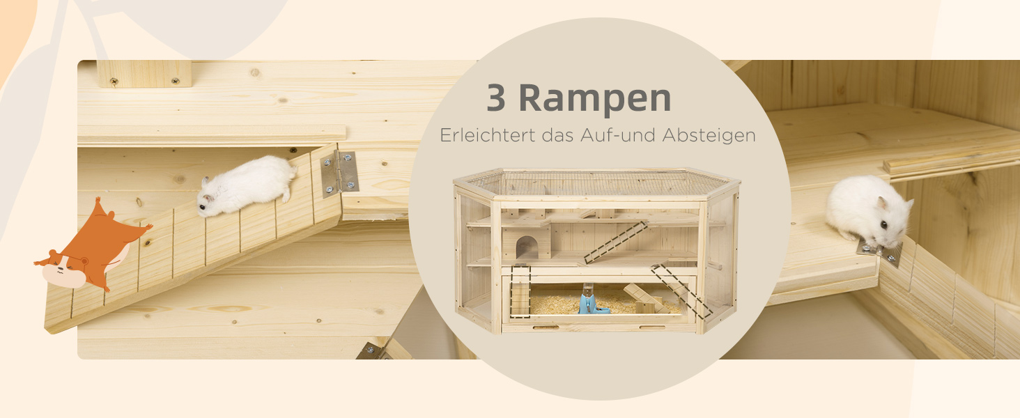 Клітка для дрібних тварин PawHut з рампою, гойдалкою та відкидною кришкою, 115 x 60 x 55 см, натуральне дерево та PS пластик