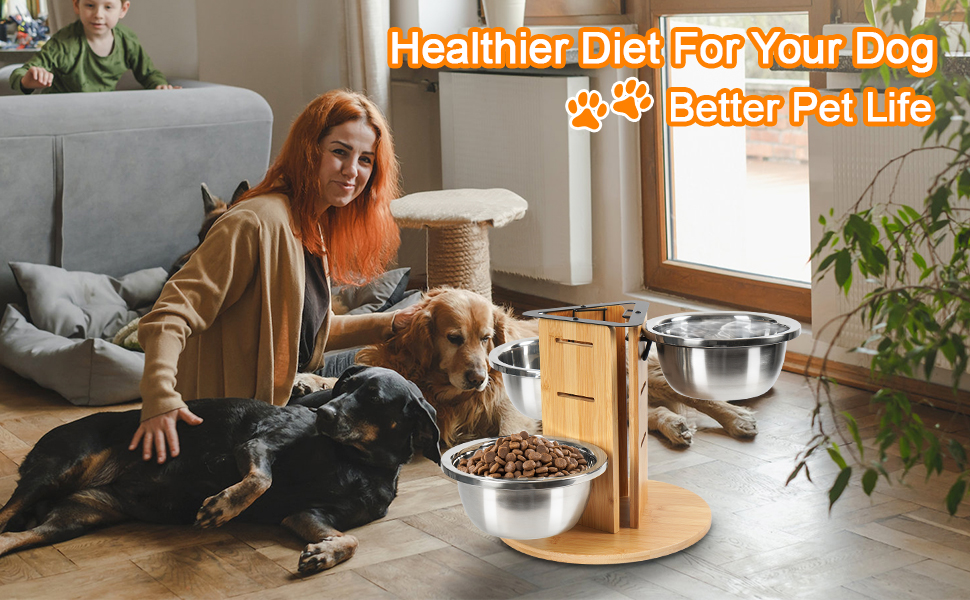 Підвищений годівниця для великих собак, регульована висота, 3 миски з нержавіючої сталі 1400 мл, годівниця-станція на 3 сторони, підставка для собак з дерева та срібла