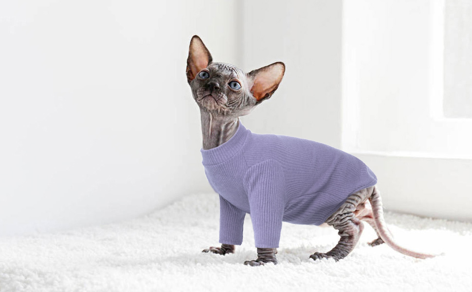 Одяг для безшерстої кішки Сфінкс: м'який пуловер з ролетним коміром, футболка та жилет з бавовни (Чорний, XL, A-фіолетовий)