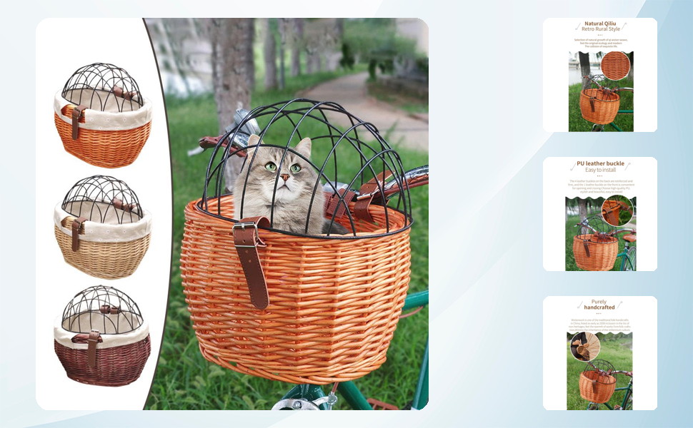 Фаркоп-кошик Keenso для велосипеда, плетені кошики для малих собак, котів, перенесення домашніх тварин, передній кошик з металевим покриттям (Медовий колір)