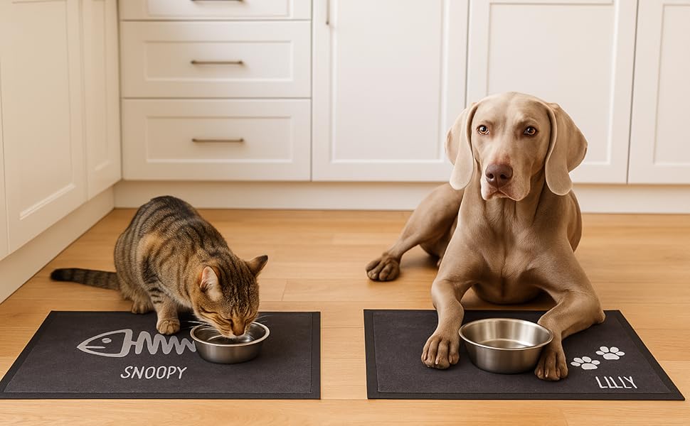 Килимок для годівлі собак з написом на замовлення | Миється | Мотив лапок (Кольорові лапки 1)