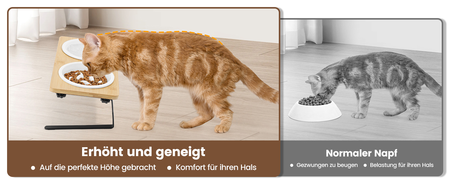 Набір мисок для котів PETTOM Anti-Schling з кераміки: піднята миска з нахилом 15°, бамбукова підставка, протиковзаюча, для вологого та сухого корму