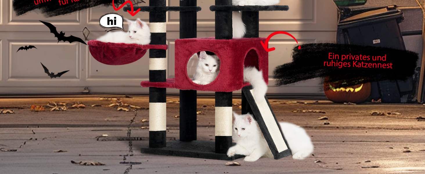 Котячий будиночок Hey-brother Kratzbaum: багатоярусний, 145 см, з лежаком, гамаком та кошиком (червоно-чорний)