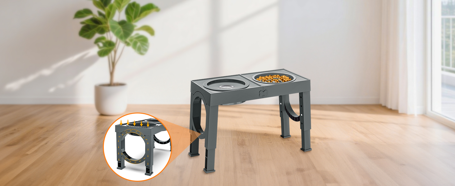 Набір мисок для собак X-BEN 3-в-1: миска для води з захистом від пролиття 1.4L, миска від захлипування 1L, годівниця з 5 рівнями регулювання висоти, для середніх та великих собак, антиковзаюча, сіра