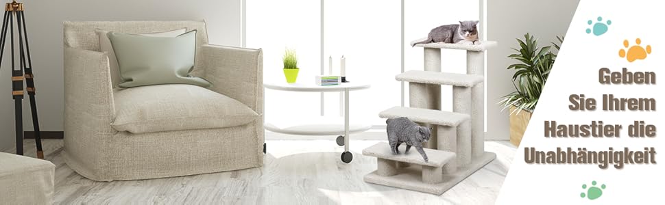 Котяча та собача драбинка COSTWAY, 4 сходинки, до 25 кг, 61x41x60 см, з ДСП і штучного флісу, бежевого кольору – сходи для тварин, ігровий комплекс