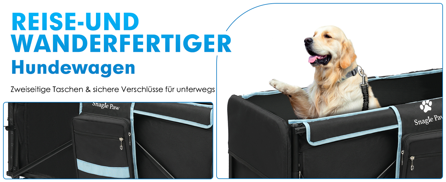 Візок для собак Snagle Paw з дверцятами та рампою, великий, розкладний, для собак середніх та великих порід, регульована ручка та гальма, 4 колеса для прогулянок, бігу, подорожей, до 90 кг (Чорний/Синій)