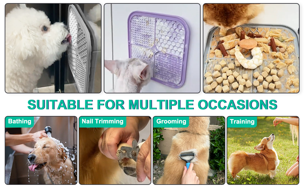 Килимок-лизун для собак та котів, 20 см, з міцними присосками для зняття тривоги та розваг, для купання та дресирування, лопатка та щітка, 2 шт. (фіолетовий та сірий)