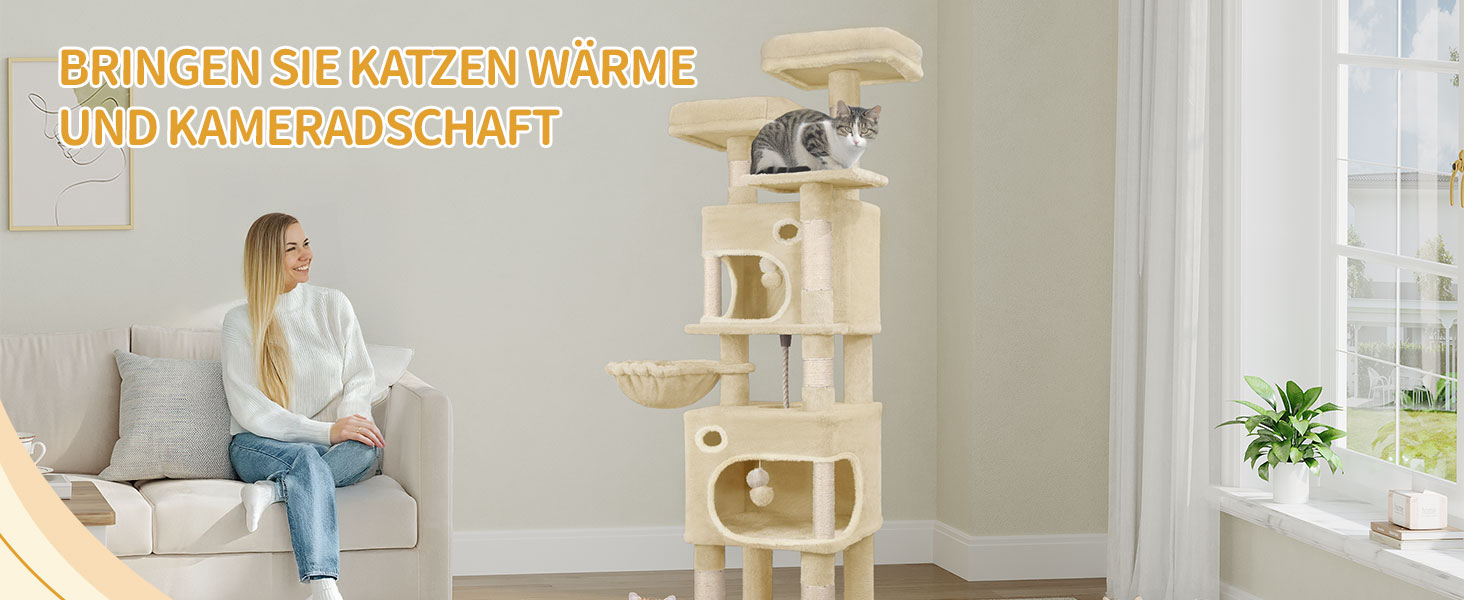 Драбина-кіготь для котів Hzuaneri, 159 см, з 8 стовпчиками, 3 платформами, 2 хованками, кошиком, плюшевими кульками та мотузкою з сизалю. Підходить для котів різних розмірів. MS15918LG (Бежевий)