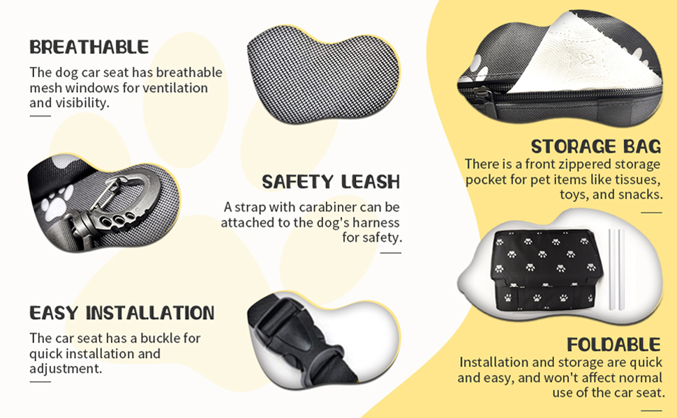 Автомобільний лежак для собак, Oxford, дихаючий, миючий, складаний, 40x32x24 см, з принтом лапки