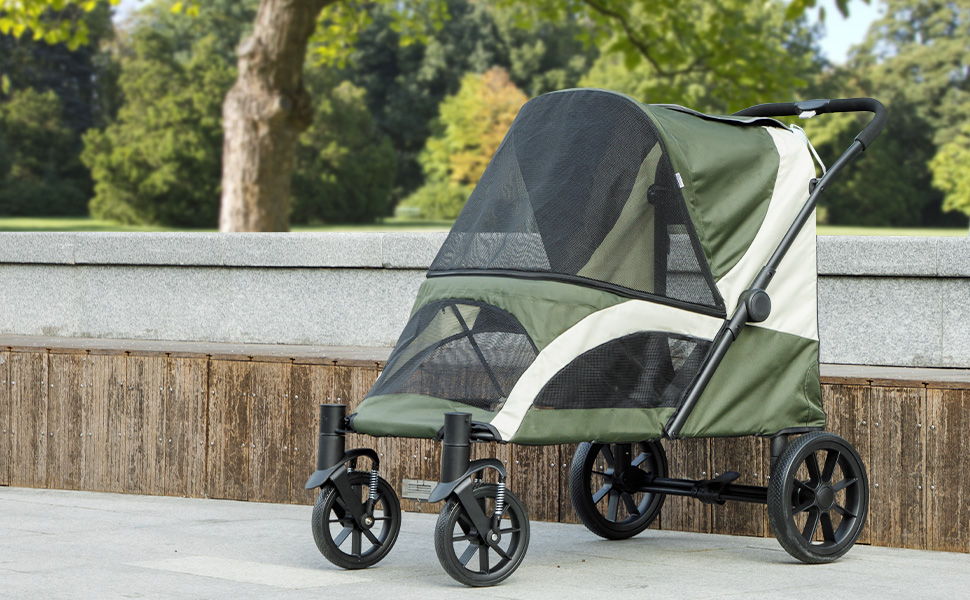 PawHut Будка-перевозка для собак та котів, розкладний, до 30 кг, з подушкою, сіткою, кишенями, гальмами (темно-зелений)