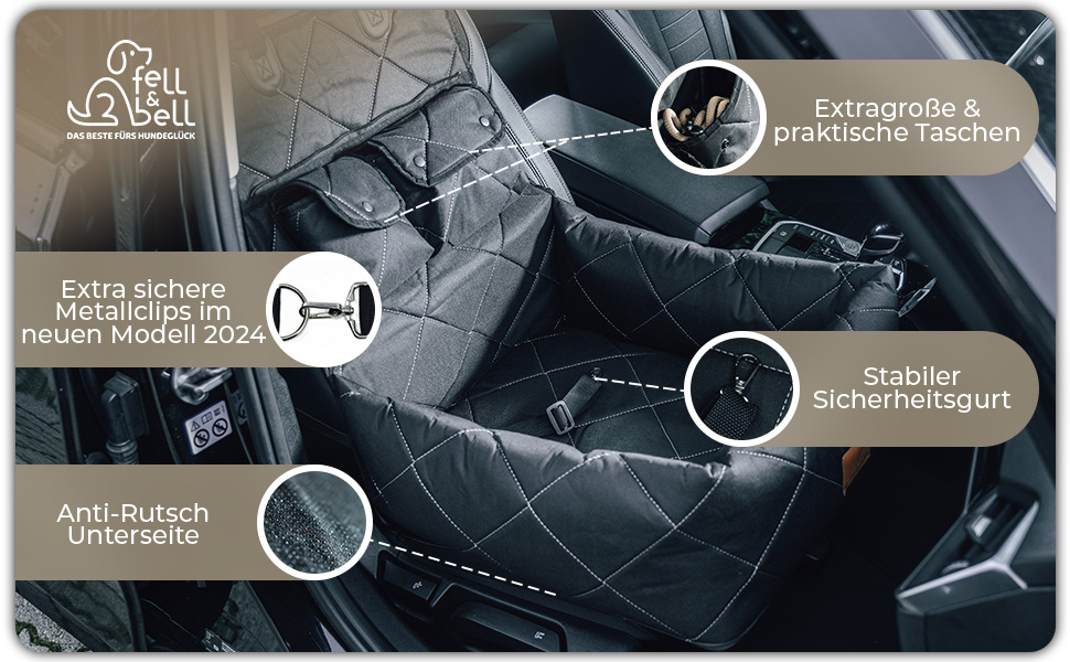 Автокрісло для собак середнього розміру Fell&bell, чорного кольору | 2-в-1, зручне та стильне, для подорожей