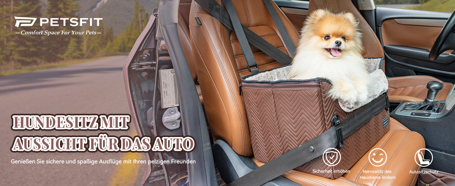 Автокрісло для собак Petfit, кошик для собак у машину, автоліжко для маленьких собак, з фіксатором ременя безпеки, знімні чохли, S, коричневе шкіряне