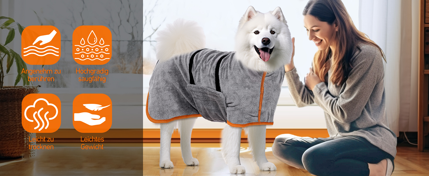 Рушник для собак великих порід, халат для собак, з застібкою на липучці, швидко вбирає воду (XL)