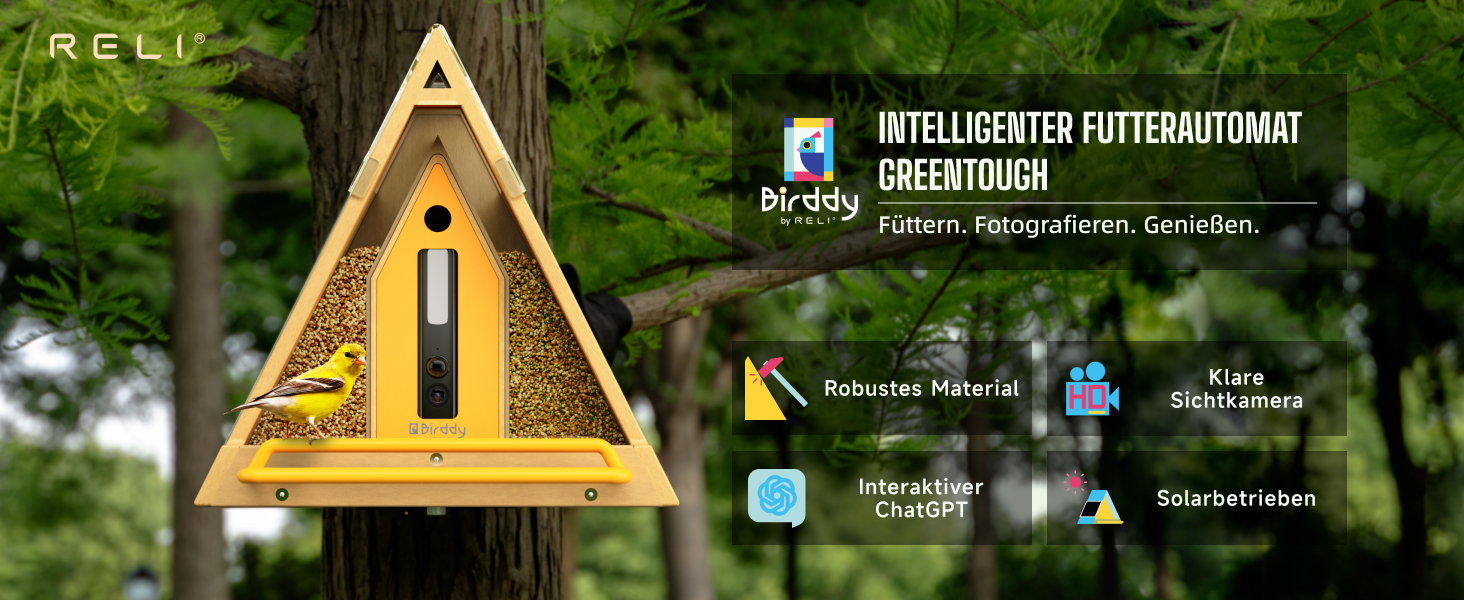 Birddy Оригінальна смарт годівниця для птахів із камерою, сонячна панель, міцний матеріал, GreenTough, з камерою спостереження, ІІ-ідентифікація, пряма трансляція