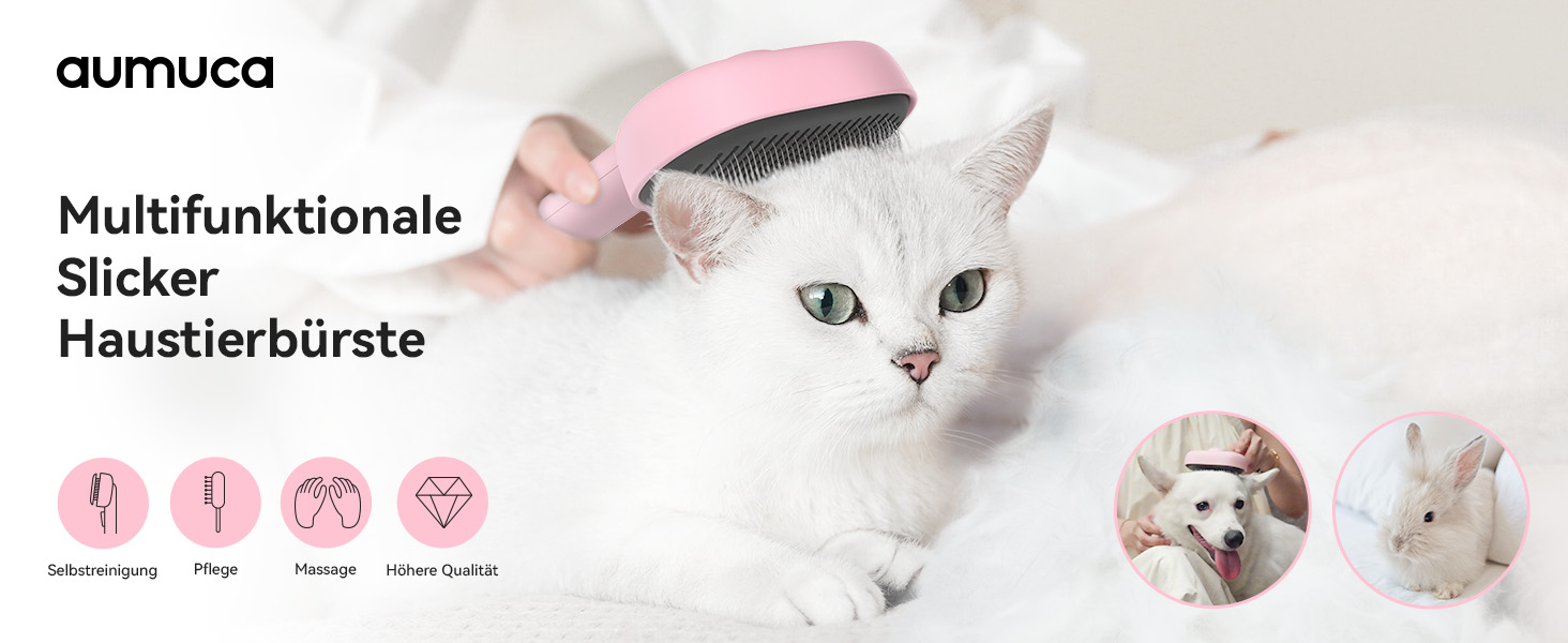 Щітка для котів Aumuca з кнопкою витягування, для довгої та короткої шерсті, універсальна для домашніх тварин, щітка для котів для видалення відмерлого хутра та масажу, рожева