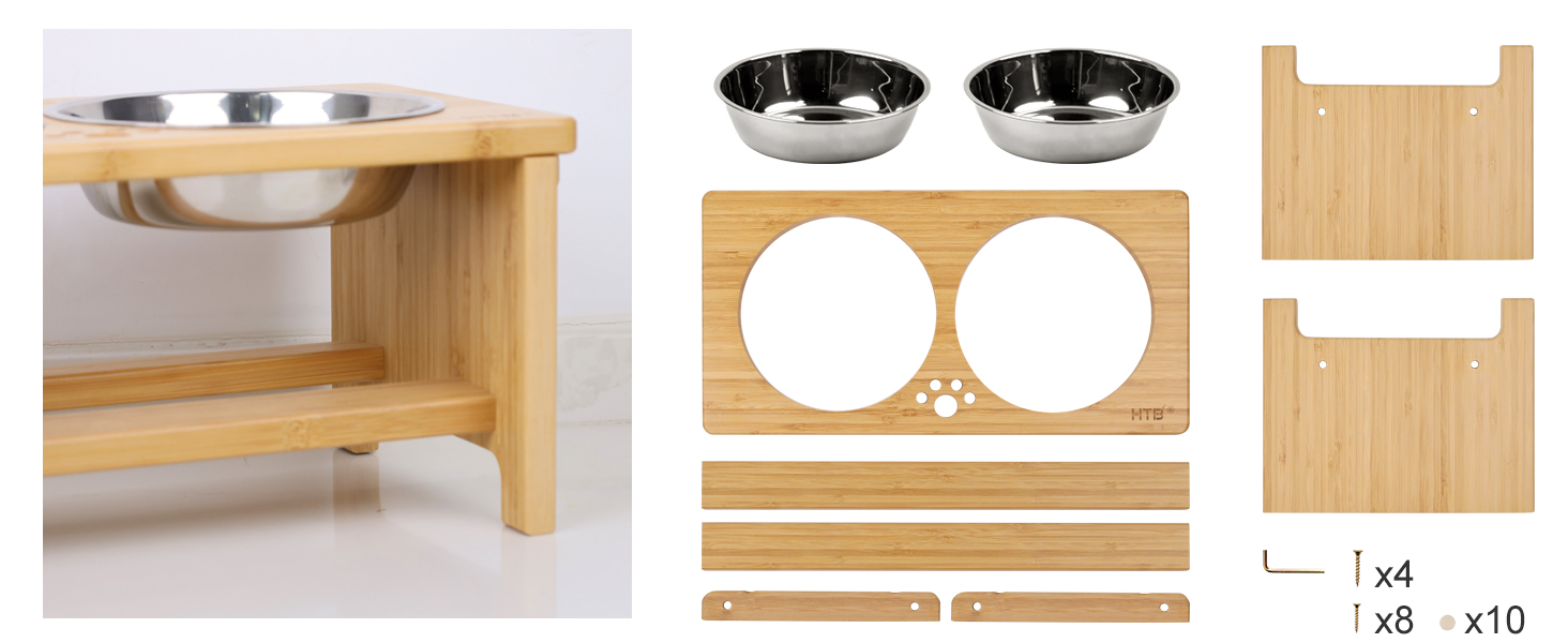 Підвищені годівниці для собак HTB, бамбук, 2 нержавіючі миски, 44x24x18 см, 18 см висота, для собак середніх та великих порід