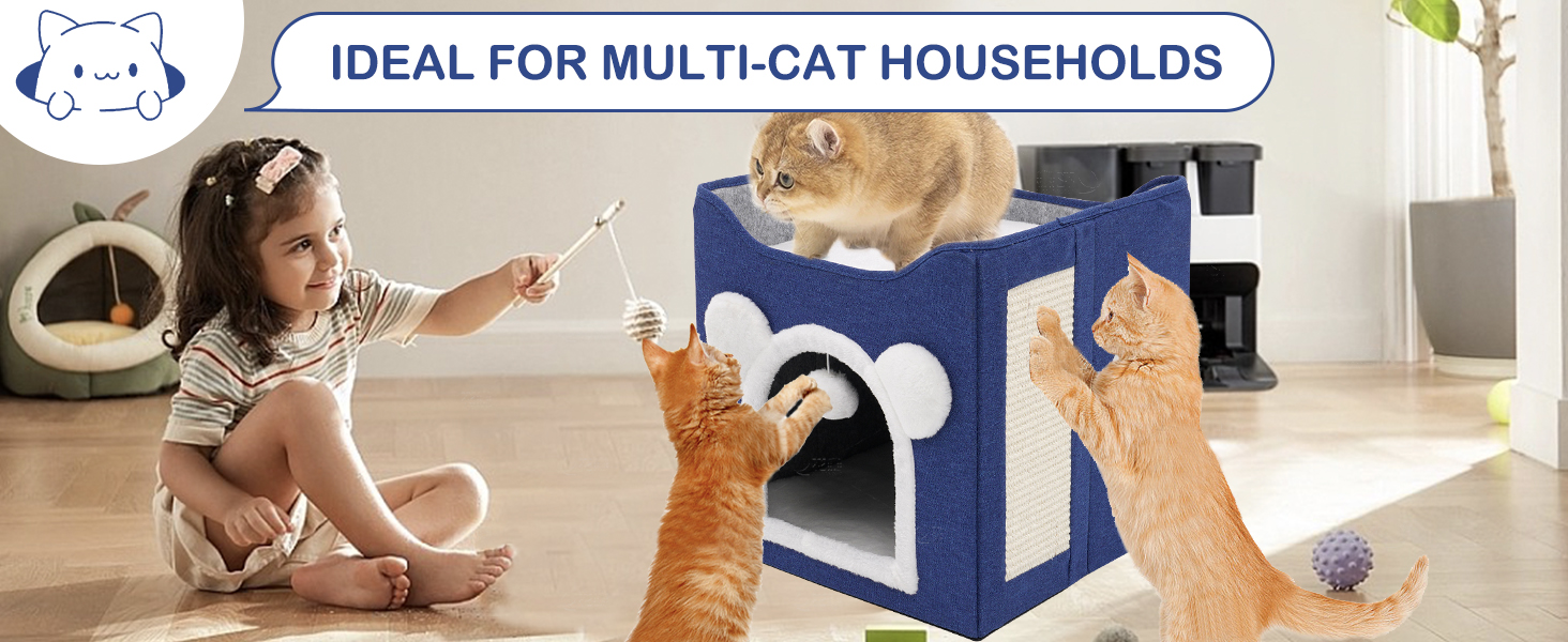 Кіт-будинок складний великий для котів та маленьких собак з когтеточкою та пухнастою кулькою, блакитний