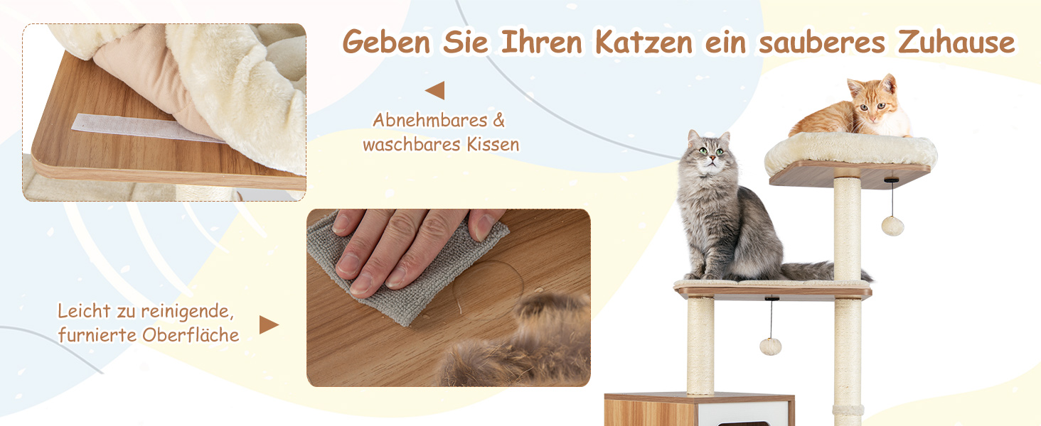 Дерев'яний кігтеточки COSTWAY 163 см, 6-ярусний, з 2 печерами, 2 килимками та 3 іграшками, для котів, бежевий+натуральний колір