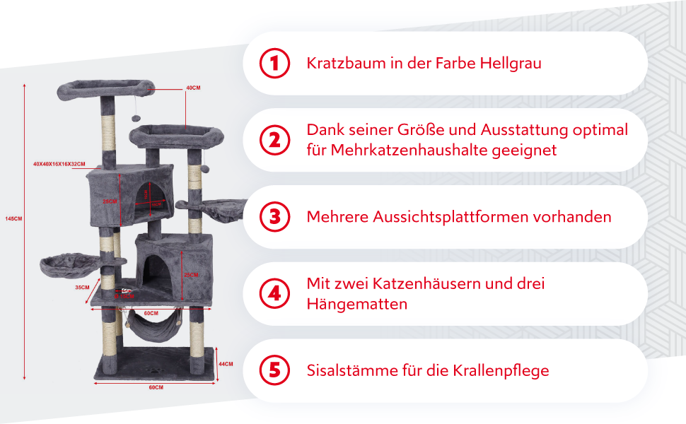 Дряпка для котів Wiltec сірого кольору з мотивом лапок 145 см: дряпка, платформа, будиночок, гамак, кліматичний комплекс для котів