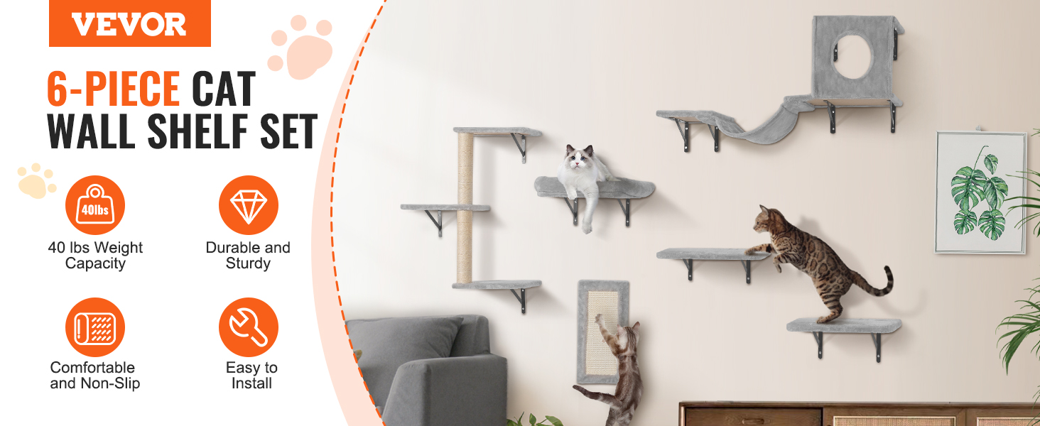 Комплект меблів для котів VEVOR: комплекс для лазіння, лежання, ігор, 6 предметів (до 18 кг)